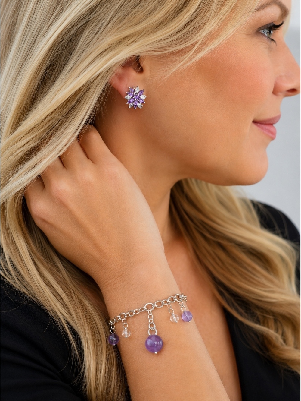 Genuine Amethyst & Clear Crystal Flower Stud Earring & Charm Bracelet Set